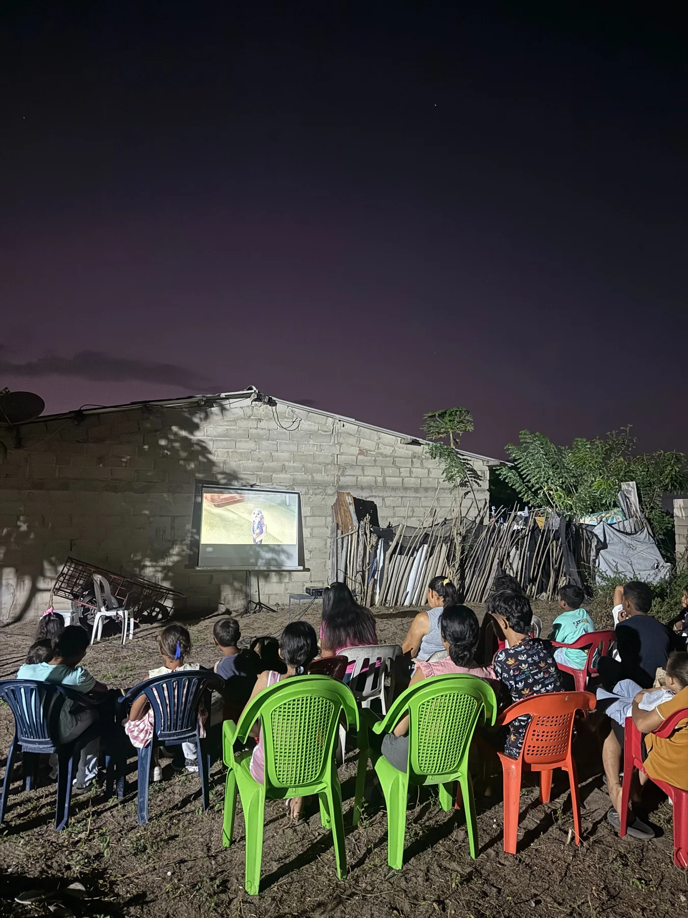Niñas, niños y familias compartiendo una proyección comunitaria al aire libre